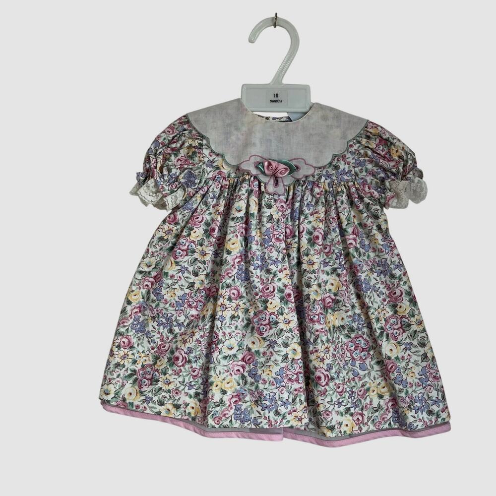 Vintage Peaches N Cream Floral Bib Dress Baby Girl 18M Cottagecore